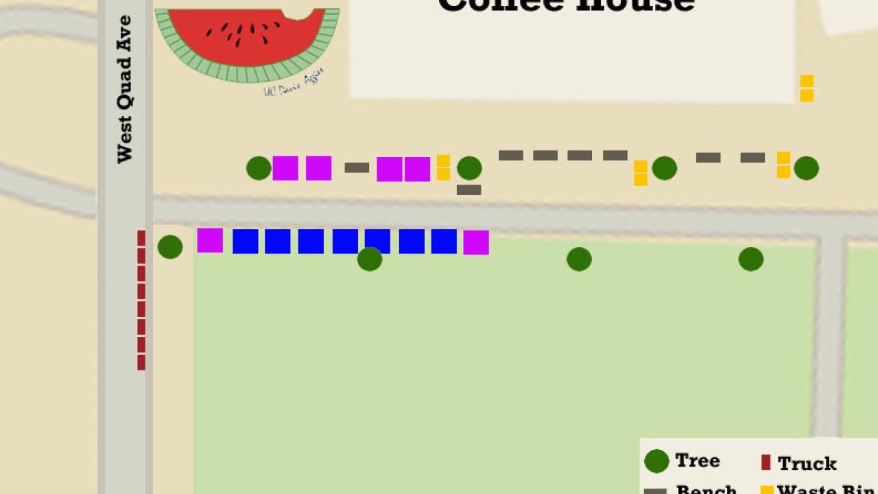 Graphic: Map showing new farmers market location at the north end of the Quad