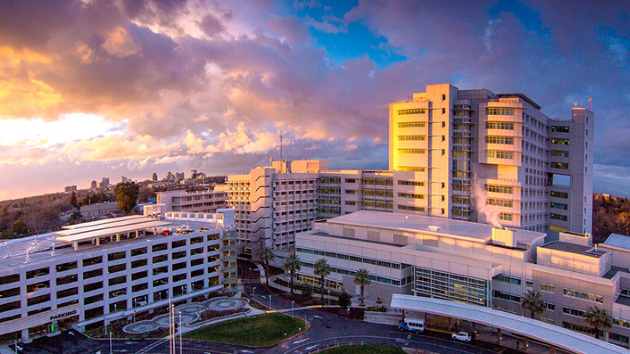 UC Davis Health and Medical Center, aerial, night