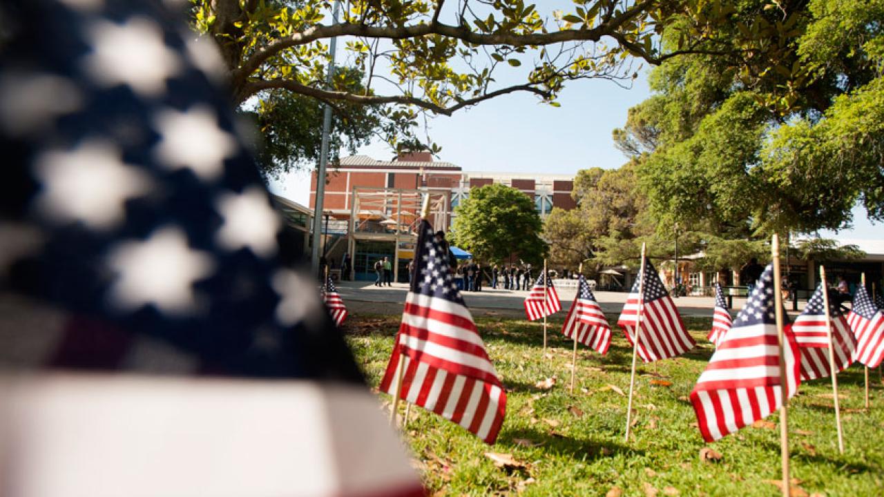 Photo: Flag display on Quad, Memorial Union in background