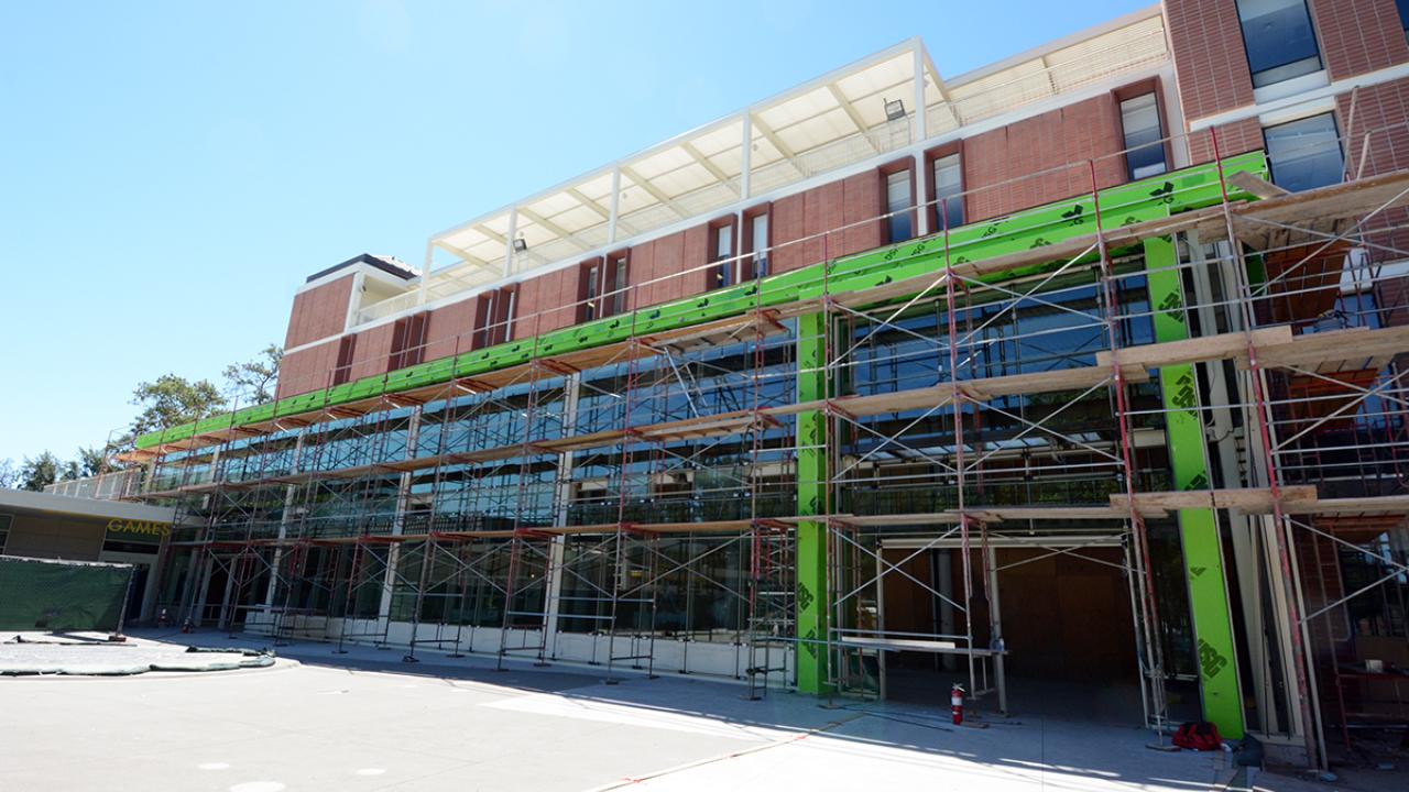 Scaffolding covers the northern exterior of the Memorial Union.