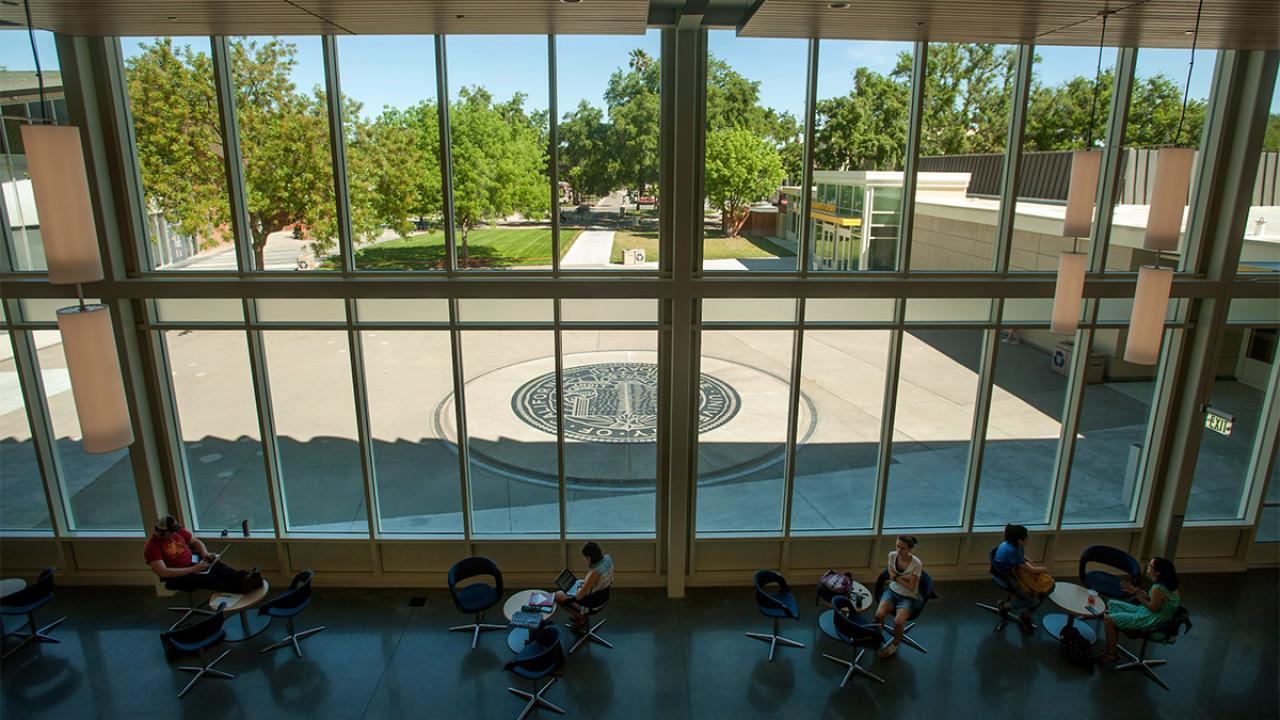 A large window in the Memorial Union at UC Davis.