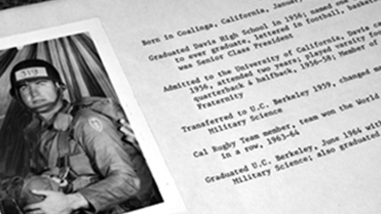 A section of Army Capt. John Barovetto&rsquo;s page in the Golden Memory Book, containing biographies of 134 Aggies lost in war.