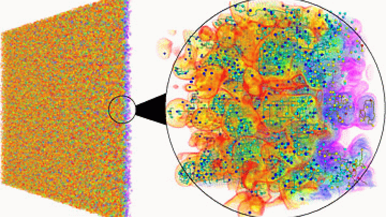 Graphic: A three-dimensional square with a circle cutout showing the mixing of fluids at a microlevel