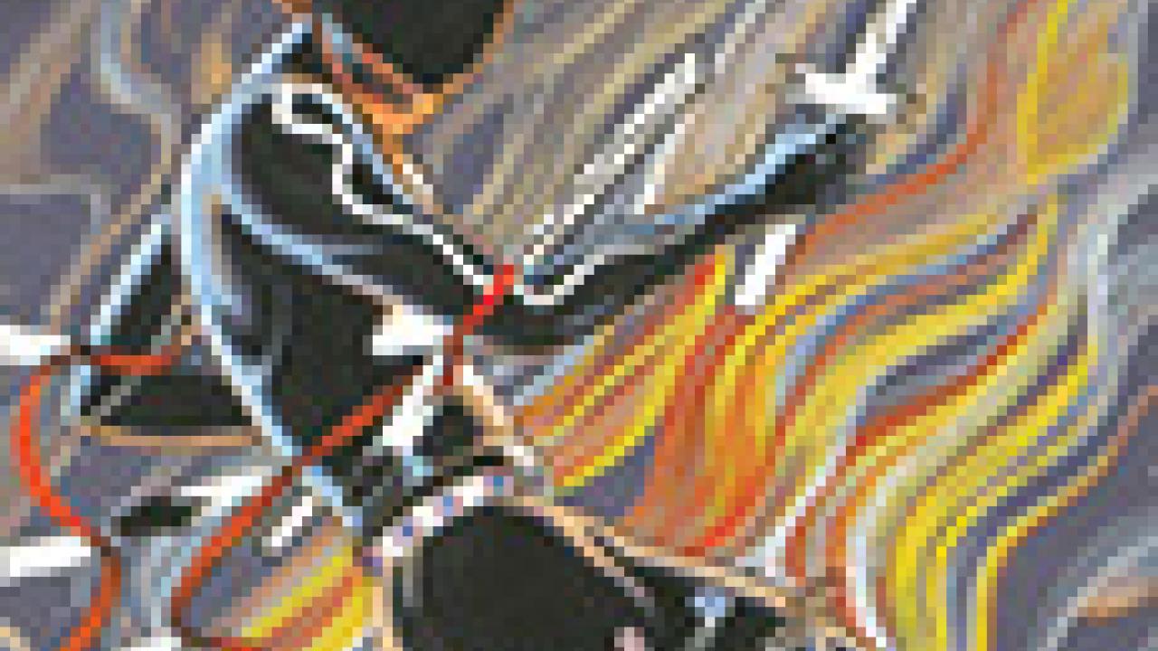 Image: Al Momaday/Haun Toa's "Mountain Spirits Dancer," 1959, casein on mat board (cropped)