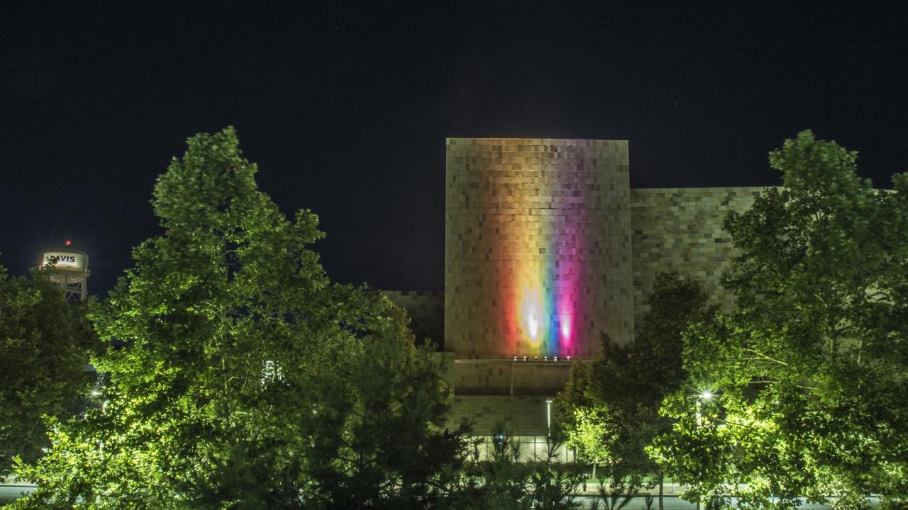 Photo: Rainbow lights on Mondavi Center's south wall