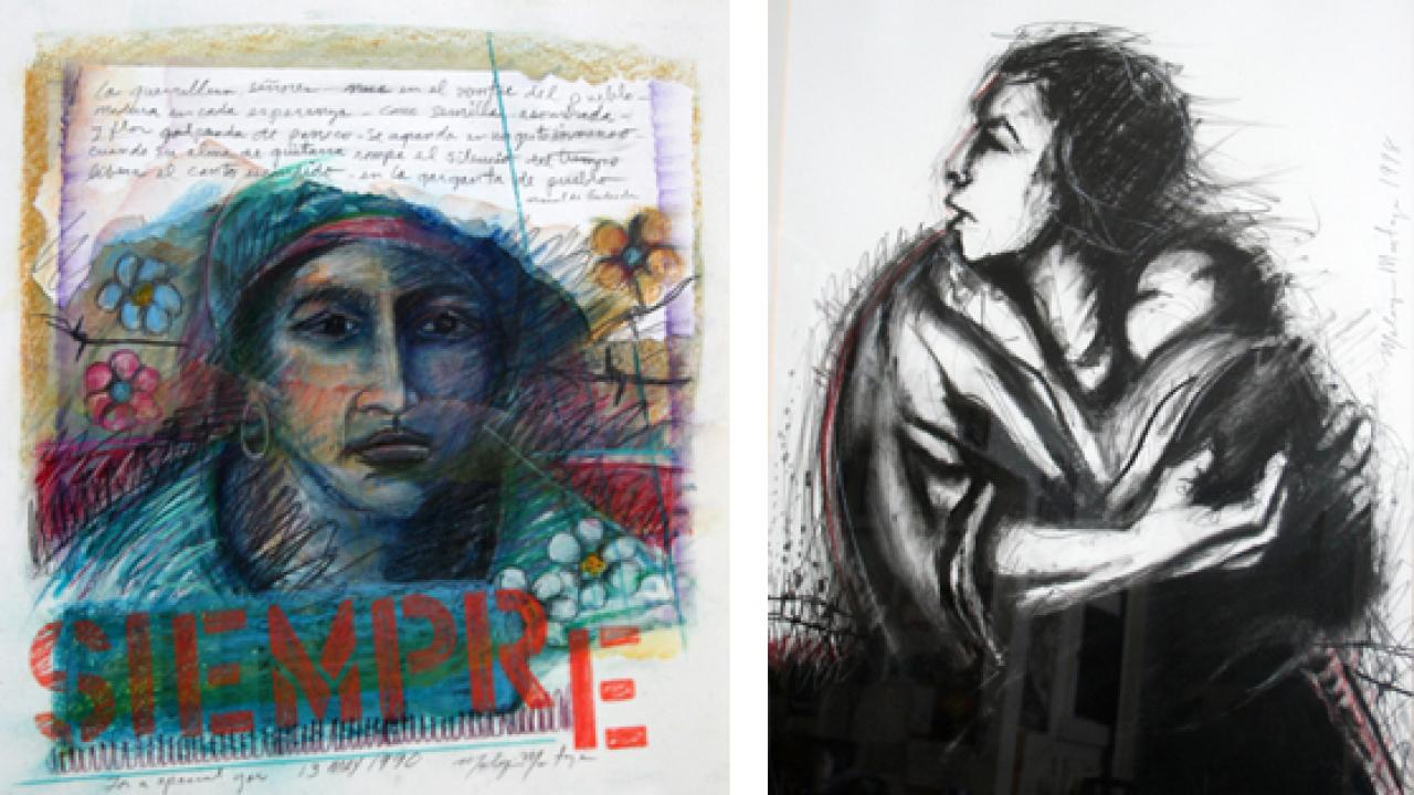 Images (2): Malaquias Montoya's "Woman & Child," 1998, charcoal; and "Siempre," 1990, oil pastel and charcoal
