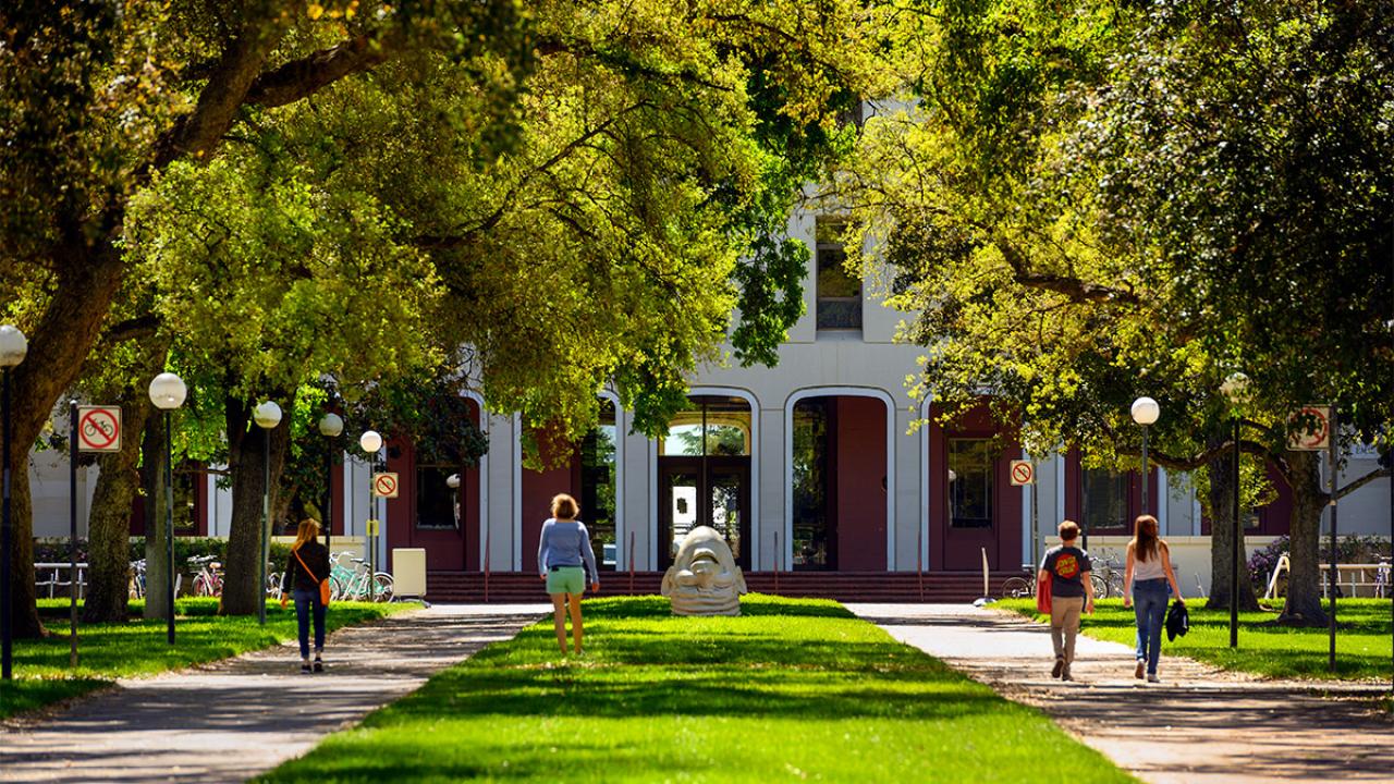 Mrak Hall from north side, with a few people on the mall.