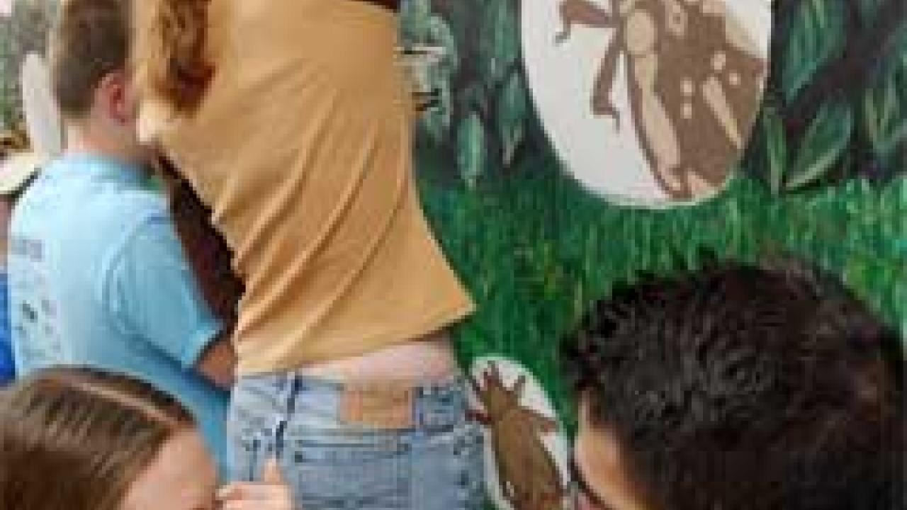 Photo: Woman points at eyes as man watches, another woman paints mural