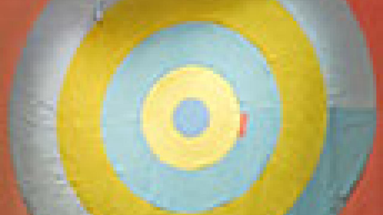 Photo: Marie Watt's "Flag" wallhanging (reclaimed wool blankets, satin binding, thread), resembling a bull's-eye, 2004