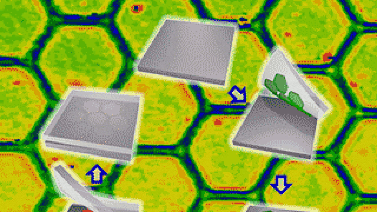 Hexagon background over which six squares in a circle show a process