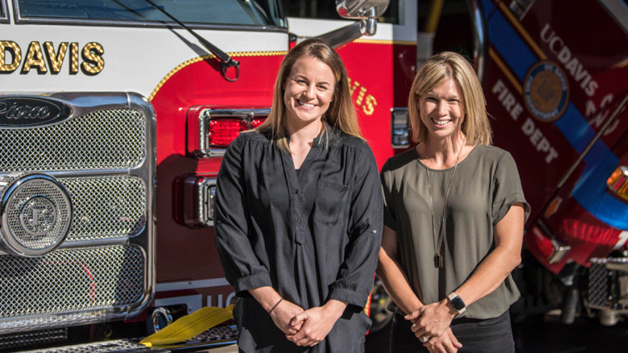 New firefighters Nicole McCurry and Meggie Elledge in front of firetruck