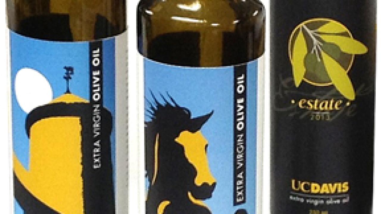 Photo: Three bottles of 2013 UC Davis olive oil (Silo, Gunrock and Estate)