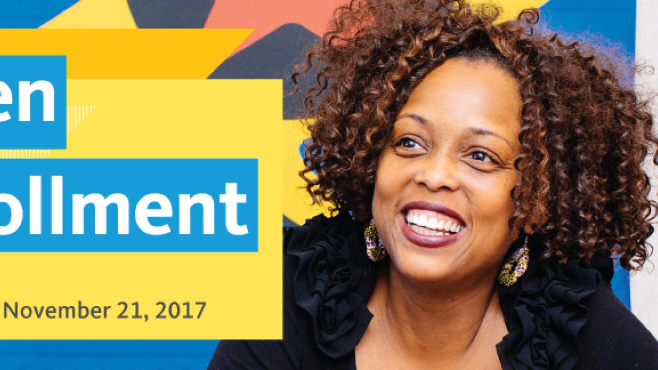 UC Open enrollment web banner, featuring smiling woman and dates of open enrollment