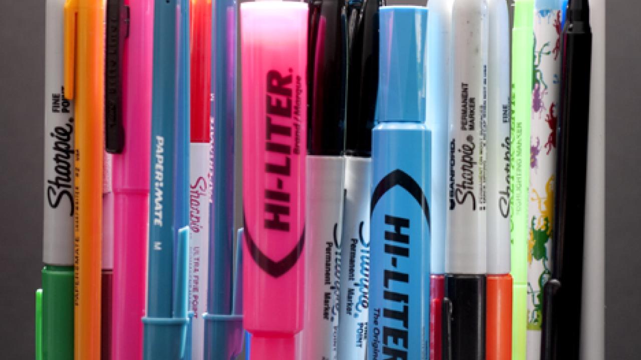 Photo illustration: Pens, etc., now being recycled at UC Davis