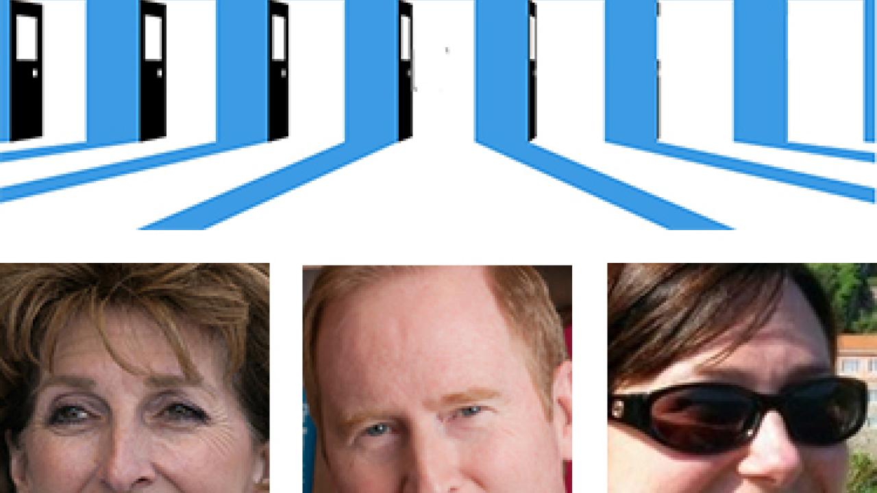 Graphic and photos (3): Promise for Education logo, plus Chancellor Katehi, Dean Lairmore and alumna Kopeck.