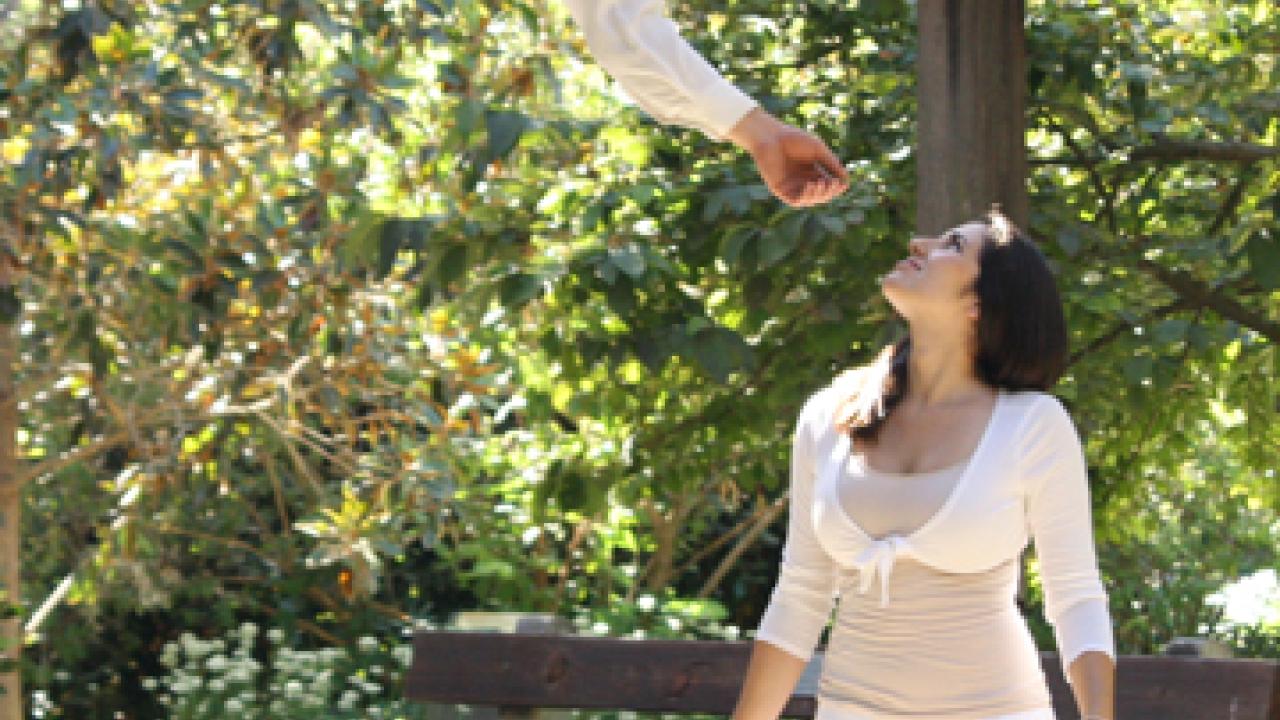 Photo: Romeo (Ian Walters) and Juliet (Gia Battista), during rehearsal in the arboretum's gazebo