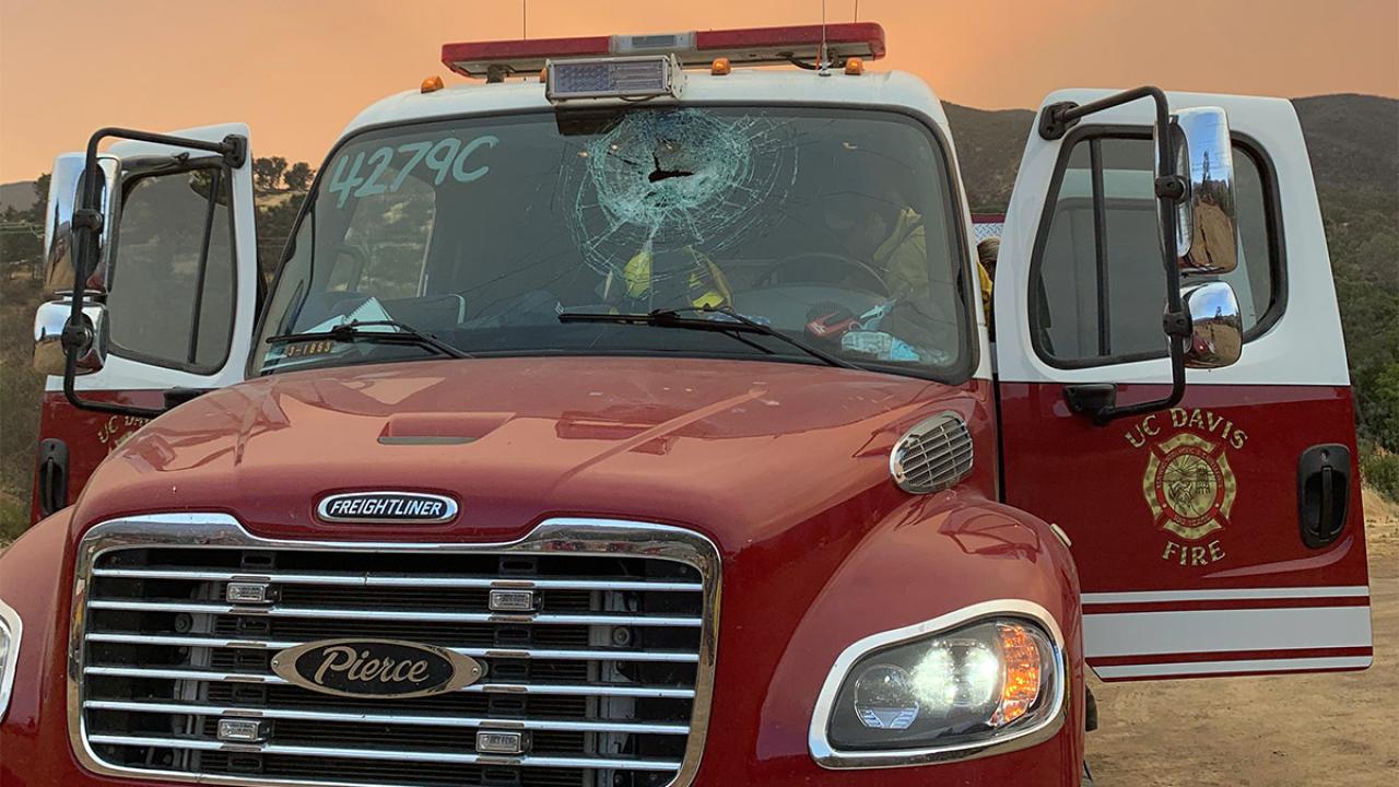 Brush Truck 34 with damaged windshield.