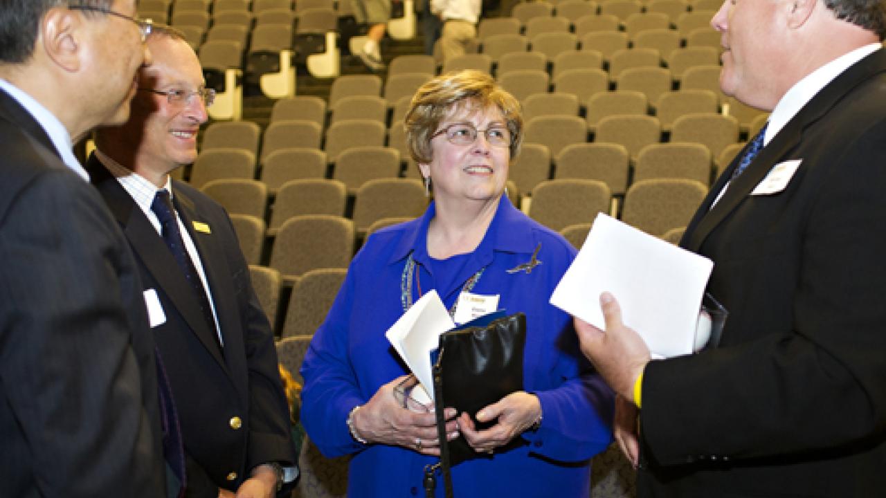 Photo: Winston Ko, Ralph J. Hexter, Elaine Rock and Mike Rock in Peter A. Rock Hall, after the dedication ceremony.
