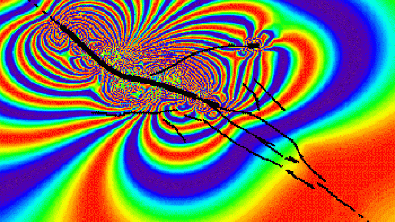 Graphic: brightly colored rings that look like a butterfly with black lines running diagonally