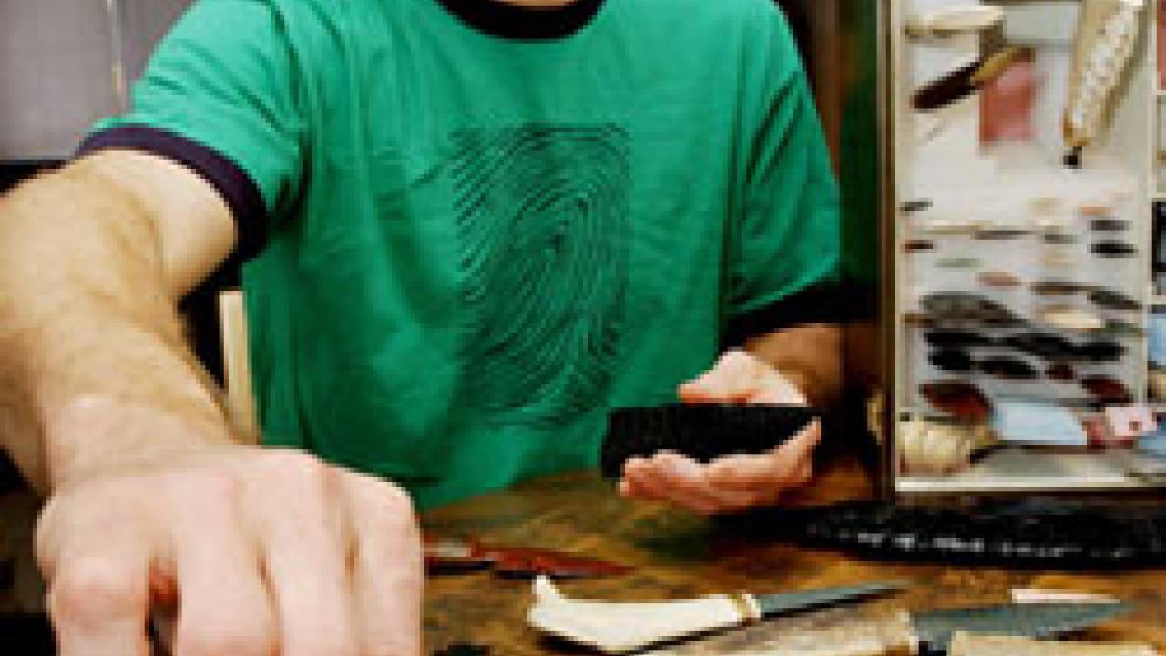 Mark Salak shows off some of the tools and arrowheads associated with his trade &mdash; or at least one of his trades. The Craft Center instructor, Davis resident and simple-life devotee is considered among the world&rsquo;s finest obsidian knappers.