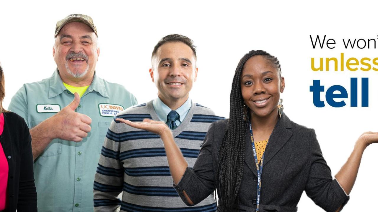 Four people stand next to text that reads "we won't know unless you tell us"
