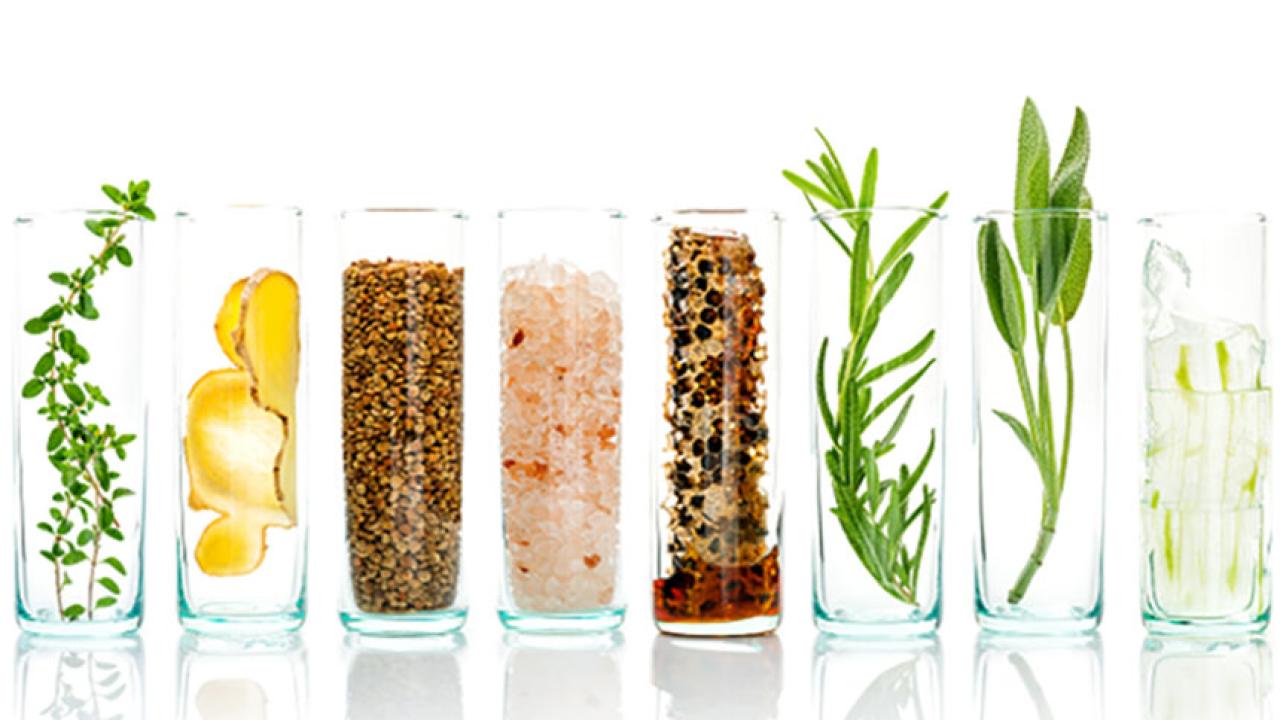 Samples of natural fragrances in glass