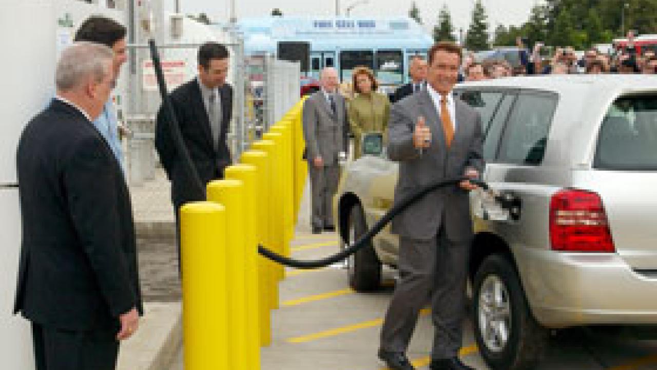 The governorn takes time to fill up at the campus&rsquo;s new public hydrogen fueling station.   