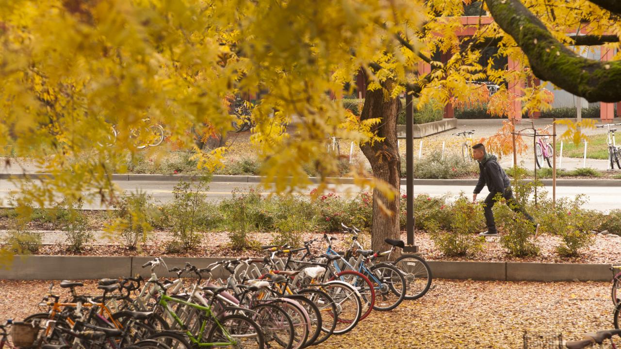 A student skateboards past bicycle racks.