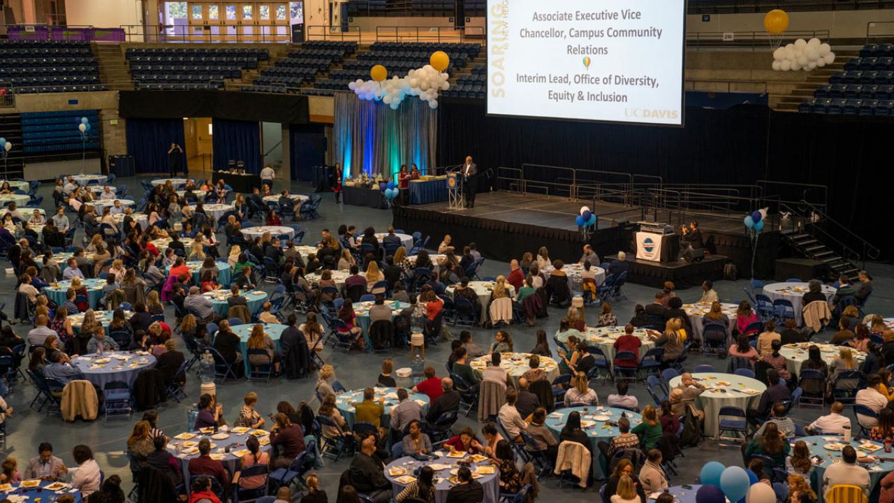 Soaring to New Heights scene-setter: people at round tables in The Pavilion at the ARC.