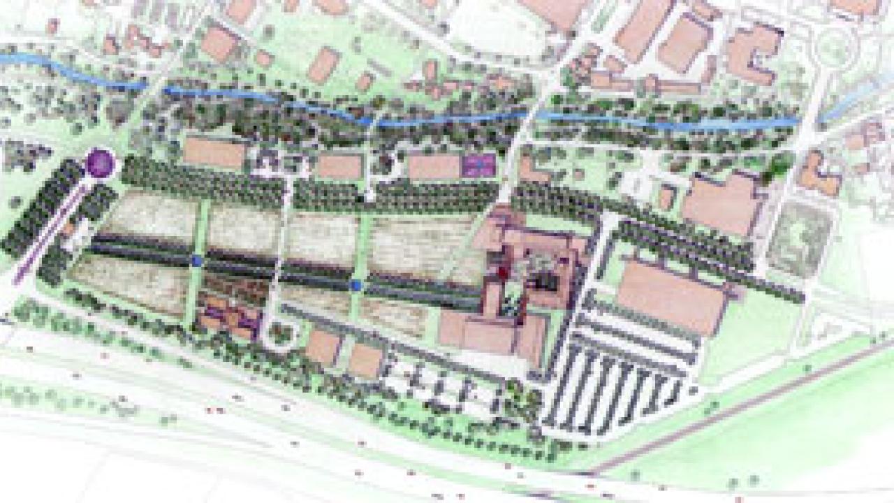 This artist&rsquo;s drawing maps out the proposed south entry district, just north of Interstate-80, featuring a roundabout intersection; a tree-lined, realigned Old Davis Road leading to Mondavi Center, the parking structure and the Mondavi Institu