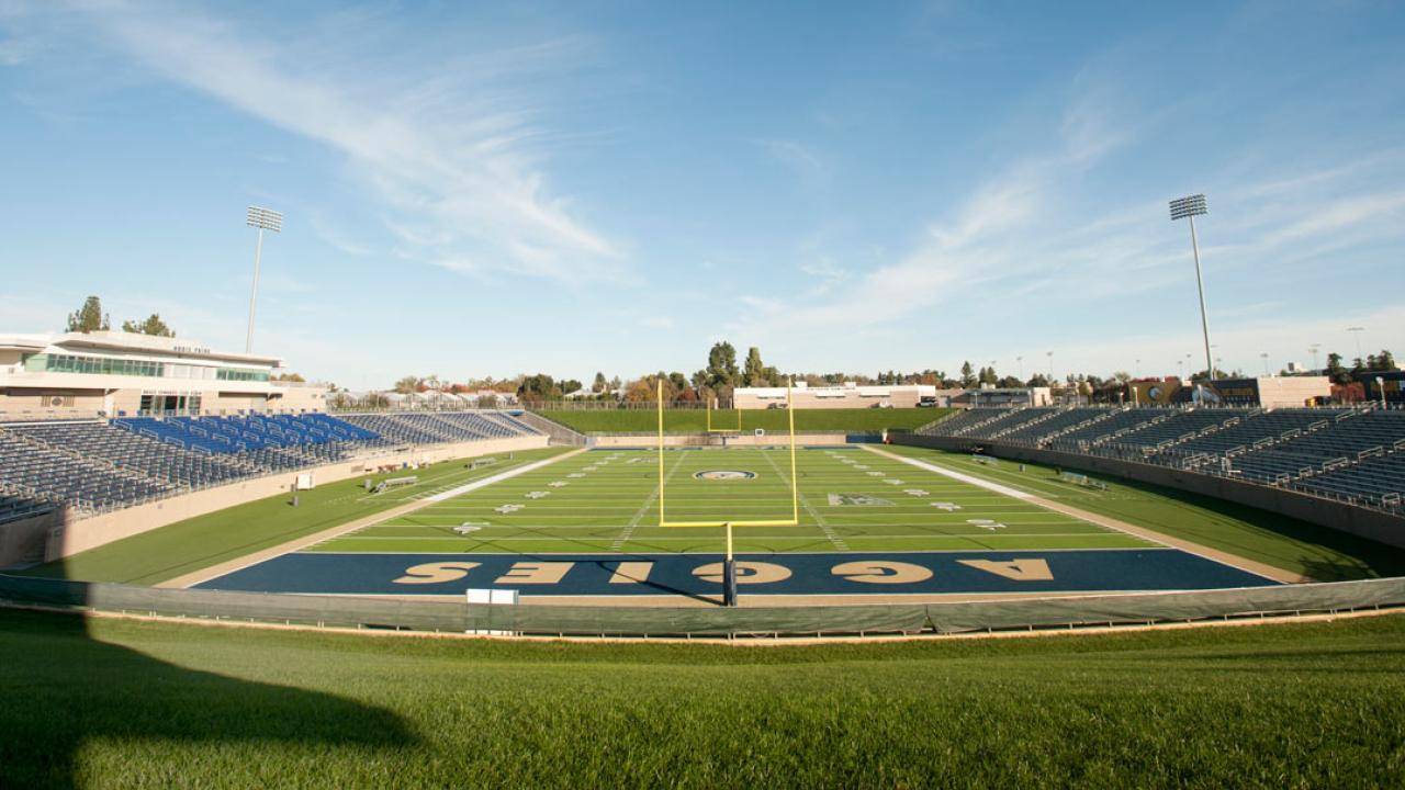 UC Davis Health Stadium, interior, showing field and emtty stands.