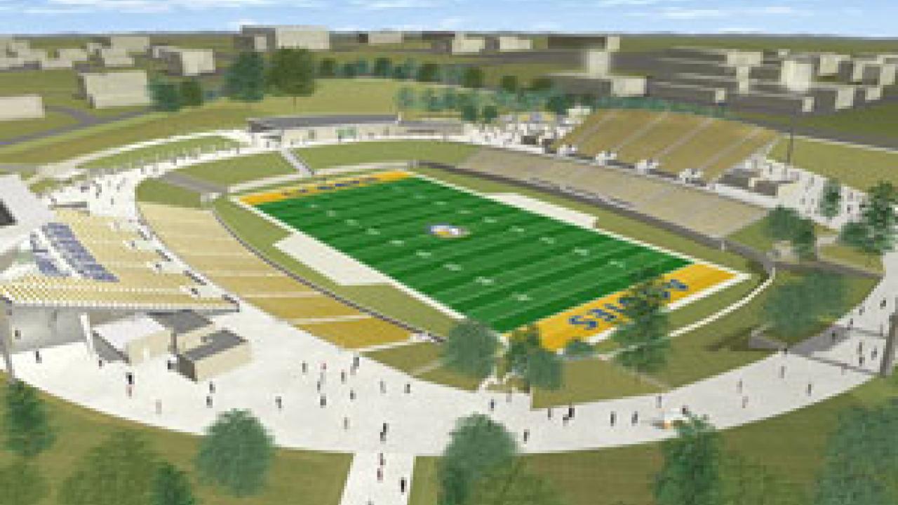 This artist&rsquo;s rendering illustrates the general initial concept design for the multi-use stadium, including seating for 10,000 to 15,000 people. The design is expandable to accommodate up to 30,000 spectators.