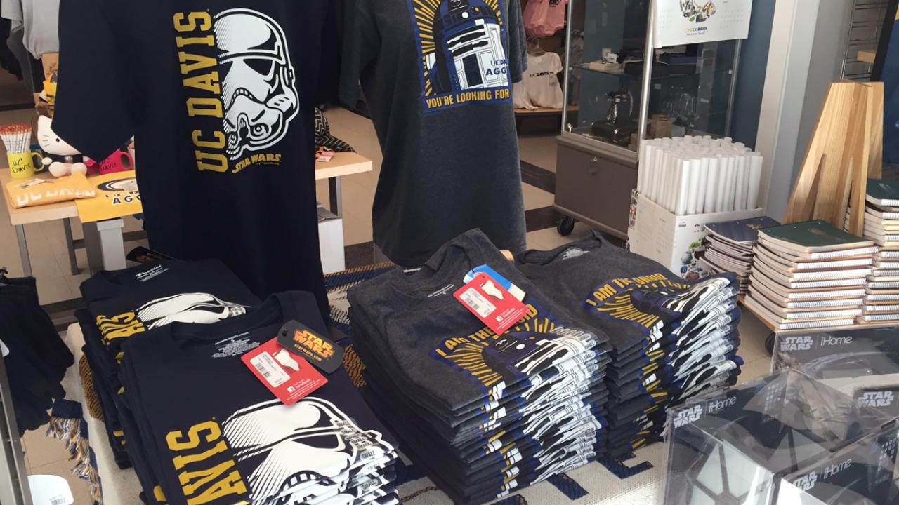 A photo of Star Wars shirts in the bookstore.