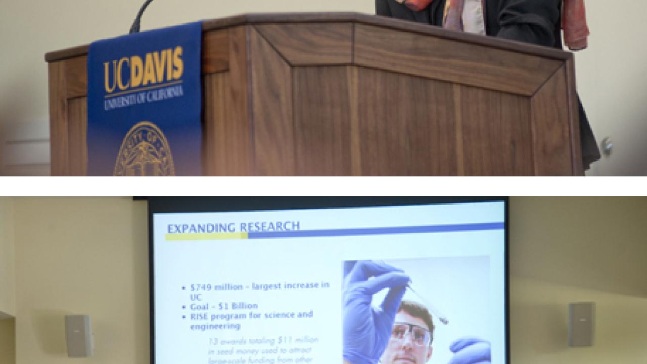 Photos (2): Chancellor Linda P.B. Katehi at the lectern, and a wider shot showing the speaker and her PowerPoint presentation behind her.