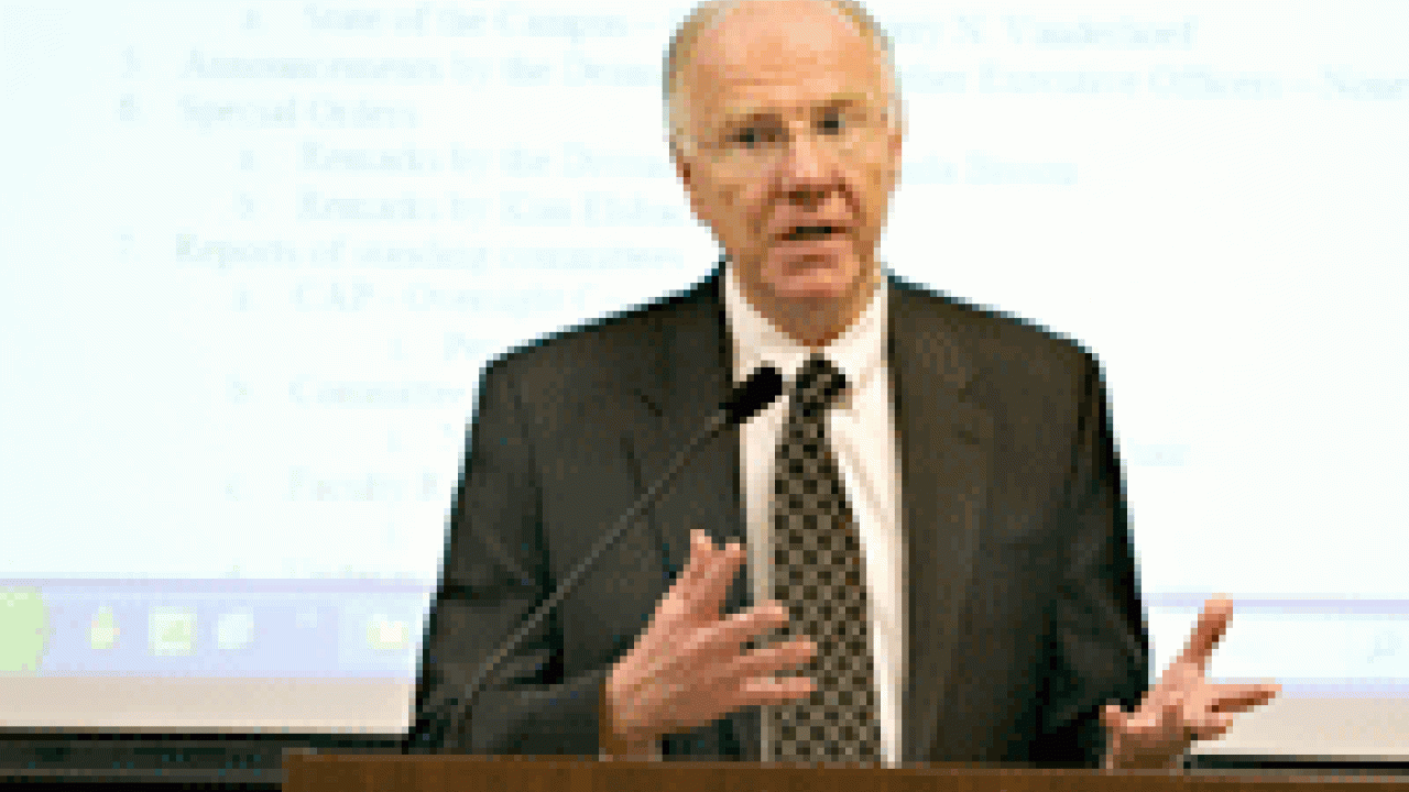 Chancellor Vanderhoef addresses more than 50 Academic Senate delegates at Feb. 26 meeting in MU II.