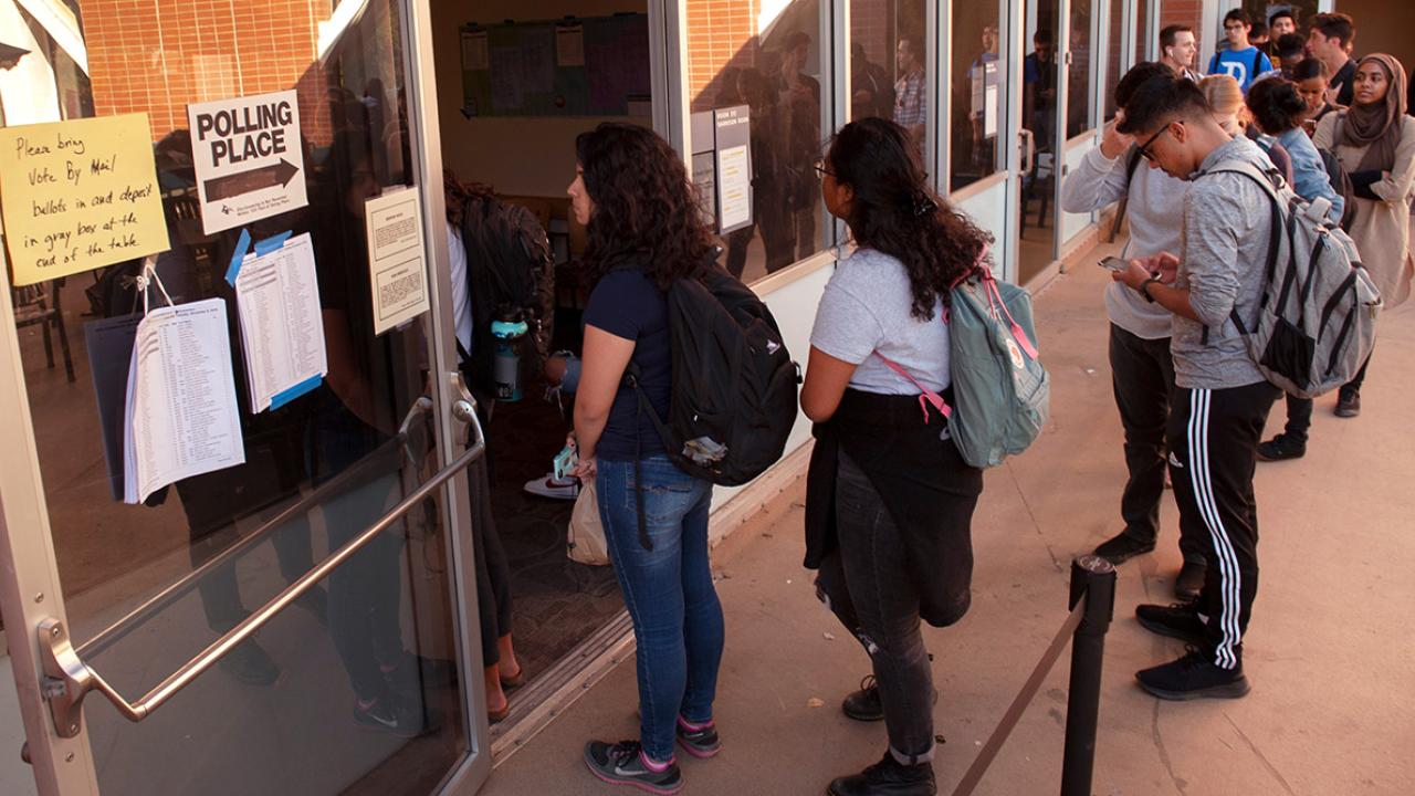 Students line up to vote at UC Davis.