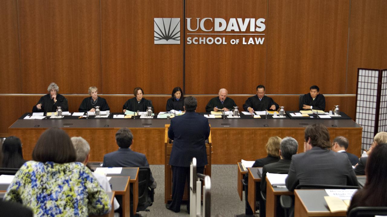 California Supreme Court justices listen to oral arguments in King Hall in 2012.