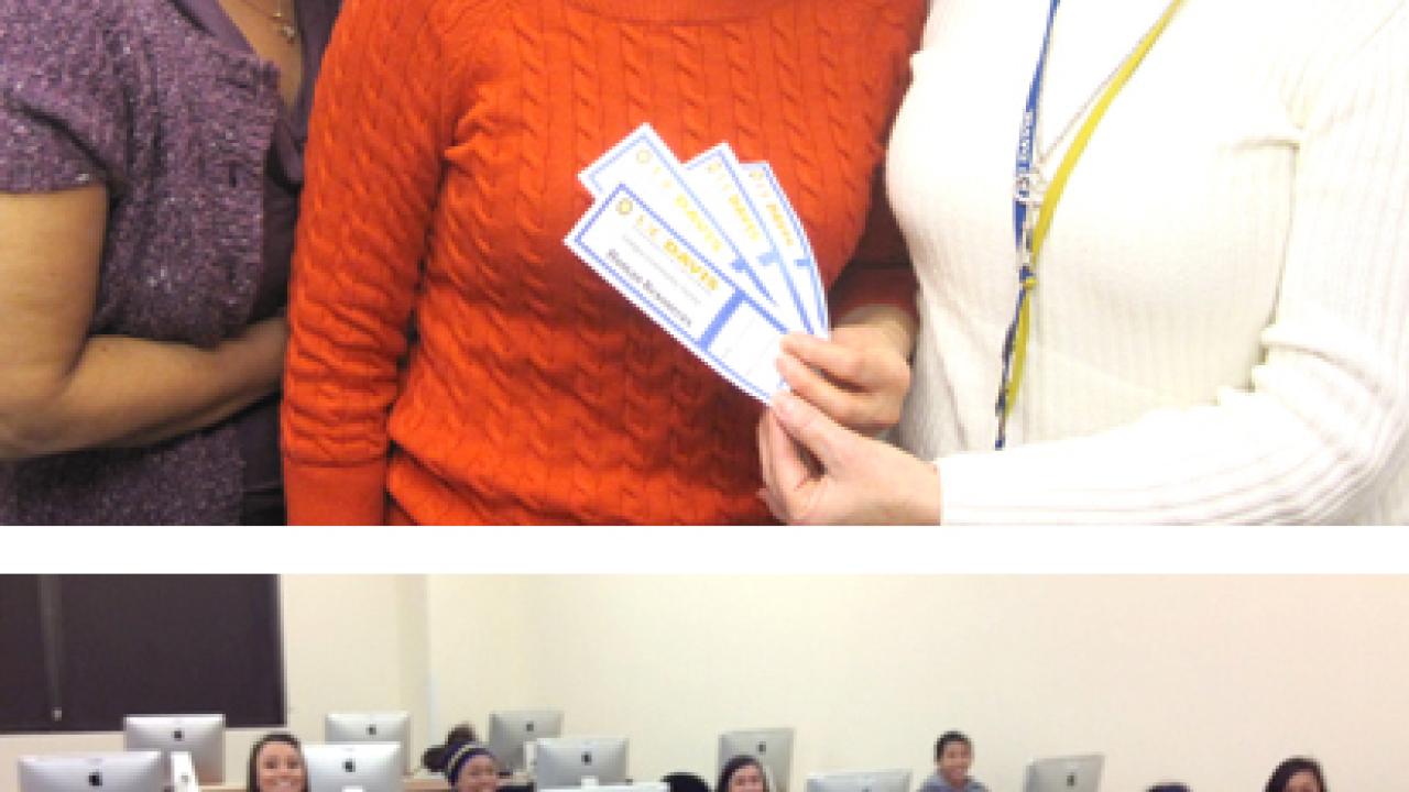 Photos (2): Central HR survey incentive organizers Sylvia Alves, Sandie Lewis, Pam Nardinelli; and members of the gymnastics team take the survey in a