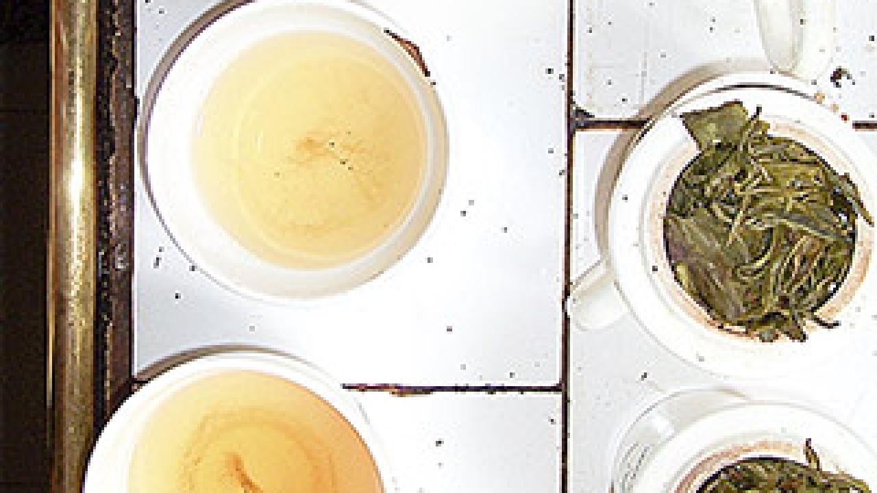 Photo of various cups of tea with dried tea leaf samplings on the side 
