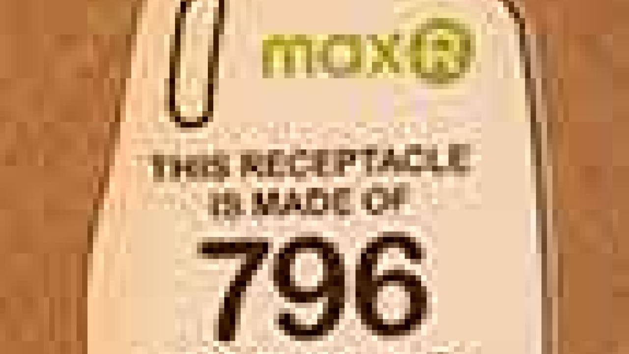 Photo: Sign in shape of plastic milk jug indicates a receptacle is made of 796 recycled milk jugs.