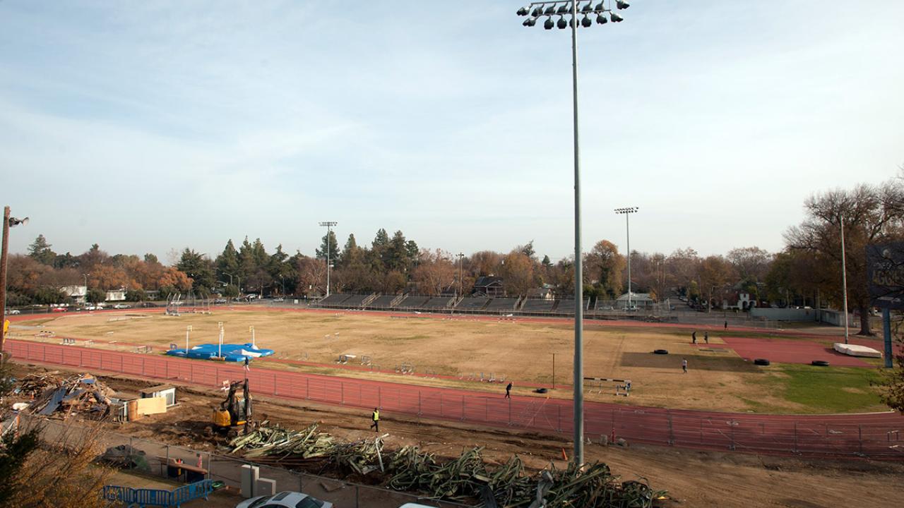 Bleachers being removed at Toomey Field.