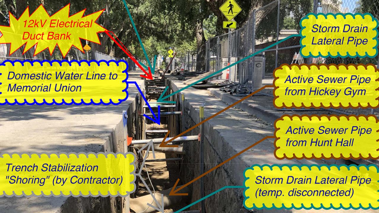 Photo of a trench with exposed utility pipes labeled.