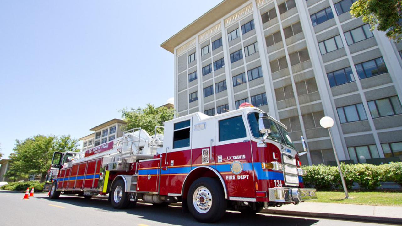 UC Davis Fire Department Truck 34 parked outside Storer Hall.