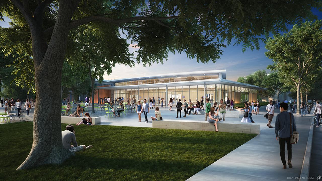 A rendering of the exterior of the future large lecture hall on California Avenue at UC Davis.
