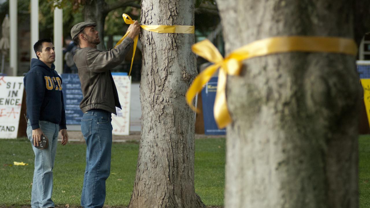 Students tie yellow ribbons to trees on the Quad.