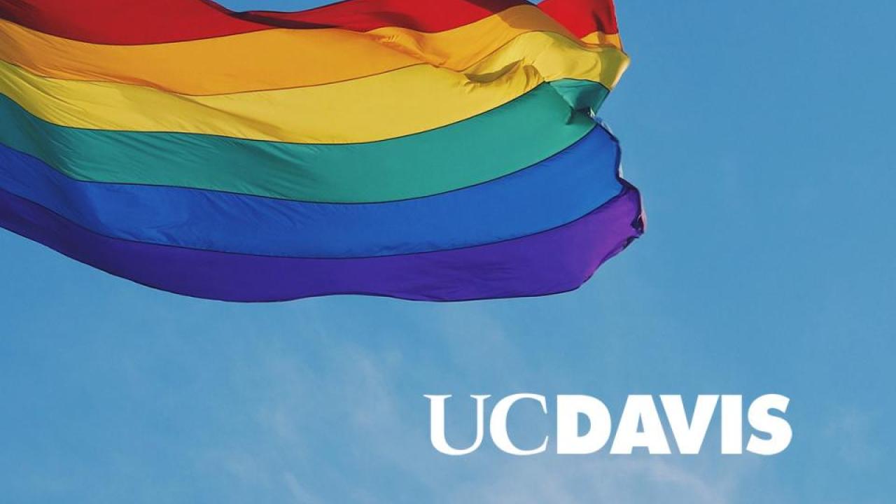 Rainbow flag with "UC Davis" wordmark