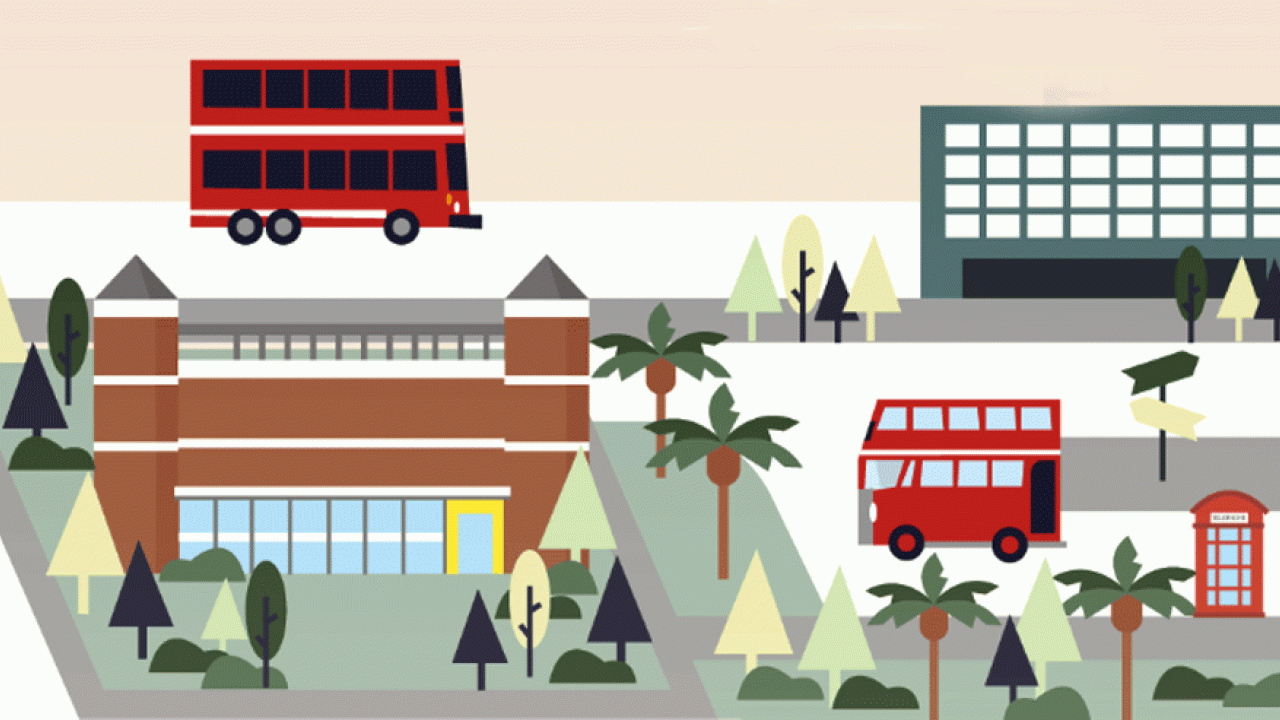 Drawing of Unitrans buses on campus, from cover of new schedule