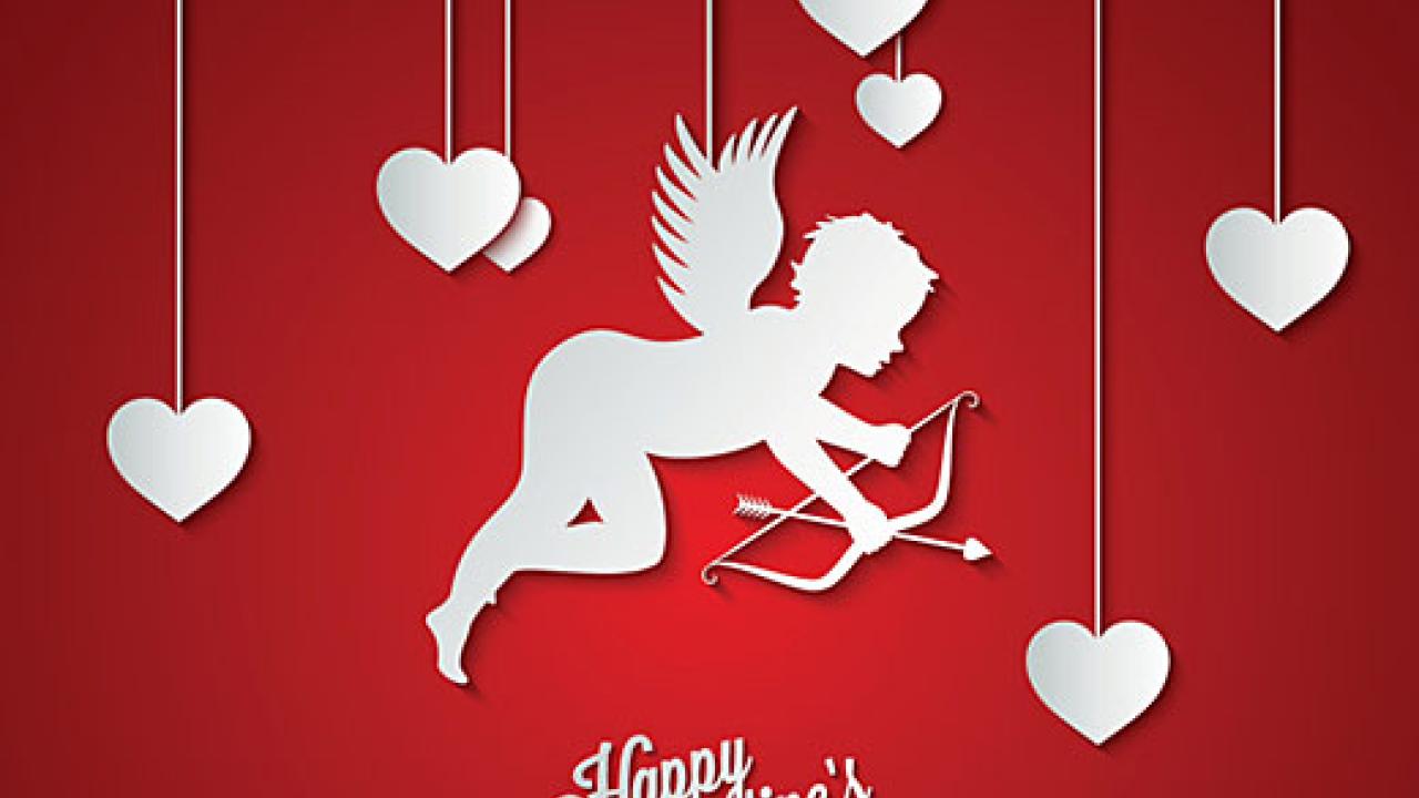 Valentine with Cupid and hanging hearts