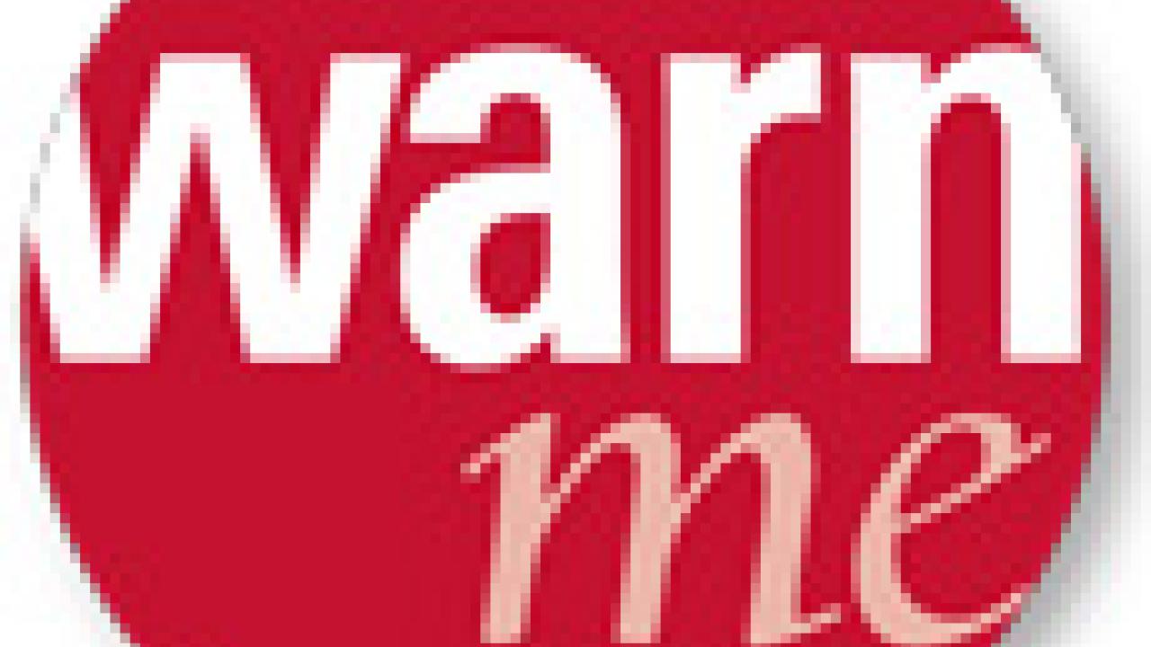 Graphic: WarnMe logo, "WarnMe" in red circle