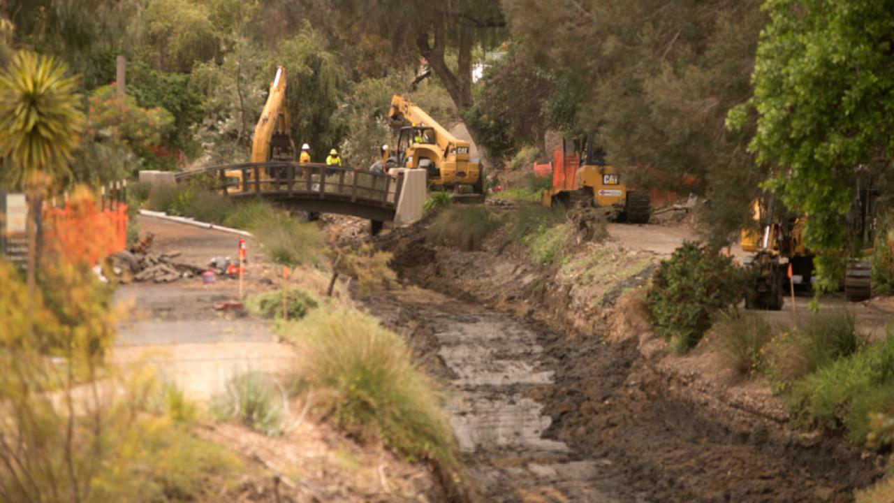 Dry Arboretum Waterway, with construction equipment